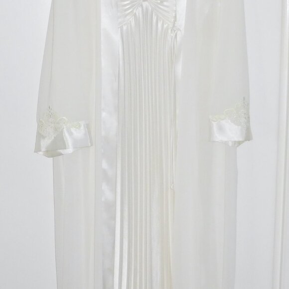 Vintage Embroidered Bridal White Sheer & Pleated Satin Nightgown Peignoir Set M - Picture 2 of 9